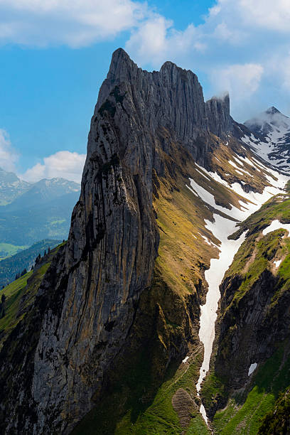 A striking mountain peak towers above lush valleys and patches of snow, showcasing the beauty of nature under clear blue skies during a sunny day in summer.