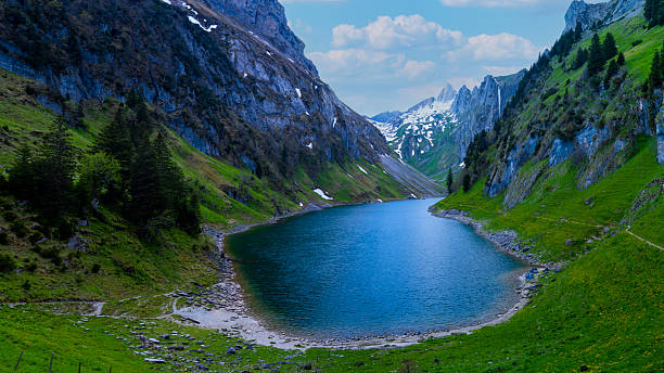 Tranquil alpine lake in Switzerland reflecting the lush green slopes and scattered pine trees, with hikers walking along a scenic trail by the water's edge.
