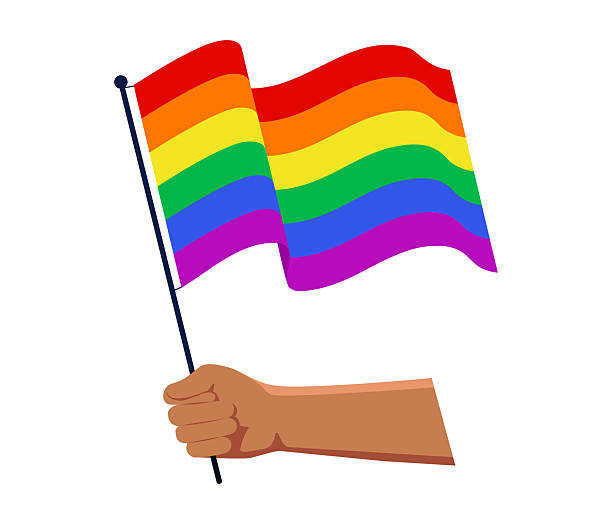 ilustraciones, imágenes clip art, dibujos animados e iconos de stock de mes del orgullo ondeando bandera en mano mostrando seis colores que representan la diversidad del movimiento por los derechos lgbtq celebre en junio. - 1979