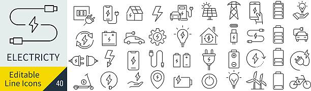 ilustraciones, imágenes clip art, dibujos animados e iconos de stock de conjunto de iconos de línea vectorial de electricidad monocromática - estación de carga eléctrica