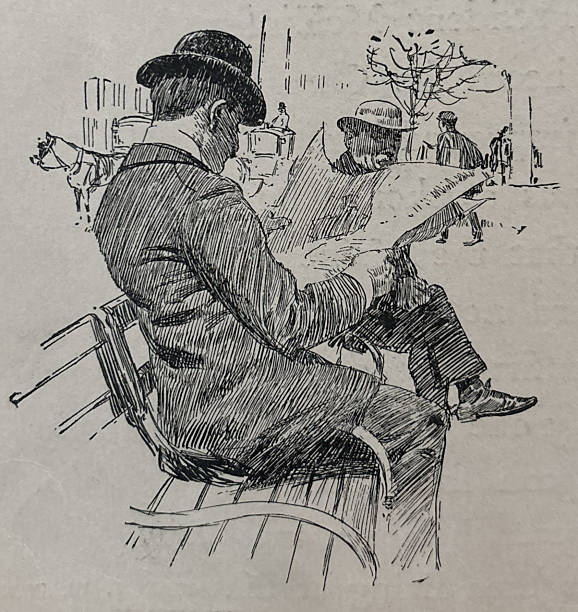 istock Antique illustration - man sitting on a park bench reading a newspaper 2218079009