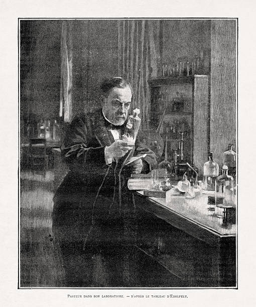 Engraving depicting Louis Pasteur in his laboratory after a painting by Albert Edelfelt.