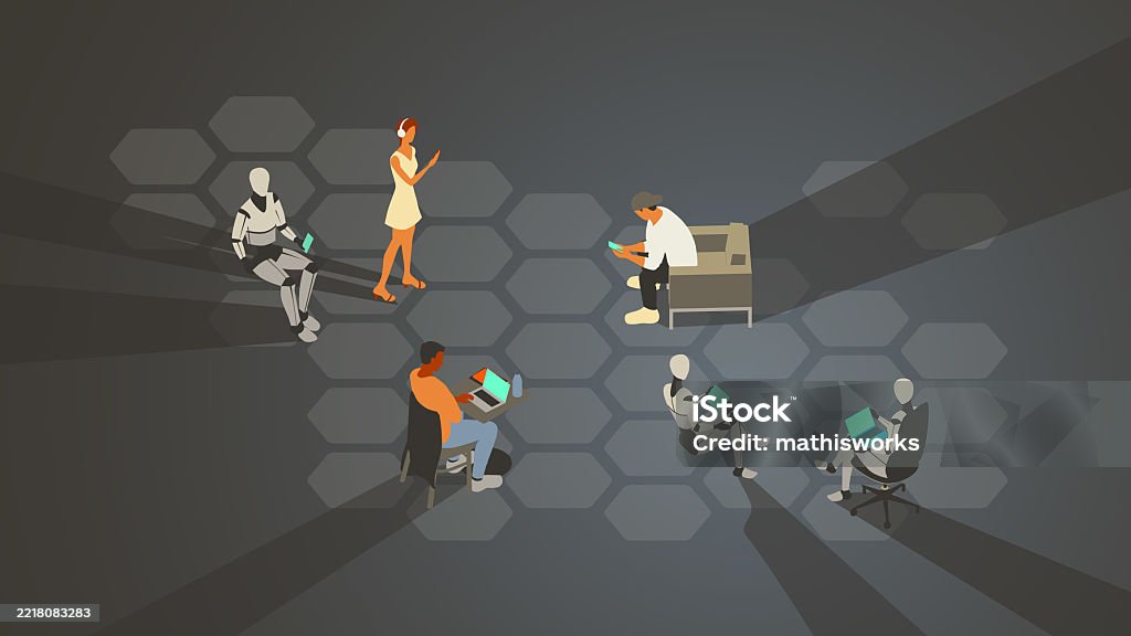 Vibe Coding A small group of people casually uses devices alongside humanoid robots, illustrating the concept of vibe coding or vibecoding. In this activity, people leverage AI and LLMs to code apps and other digital experiences, in a conversational way, using prompts. Agentic AI stock vector Vibe Coding A small group of people casually uses devices alongside humanoid robots, illustrating the concept of vibe coding or vibecoding. In this activity, people leverage AI and LLMs to code apps and other digital experiences, in a conversational way, using prompts. Agentic AI stock vector