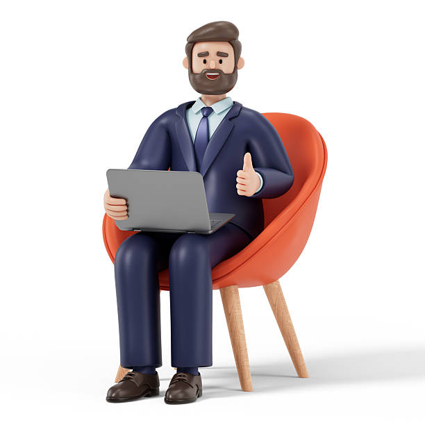 istock A man sits on an orange chair holding a laptop 2218086489