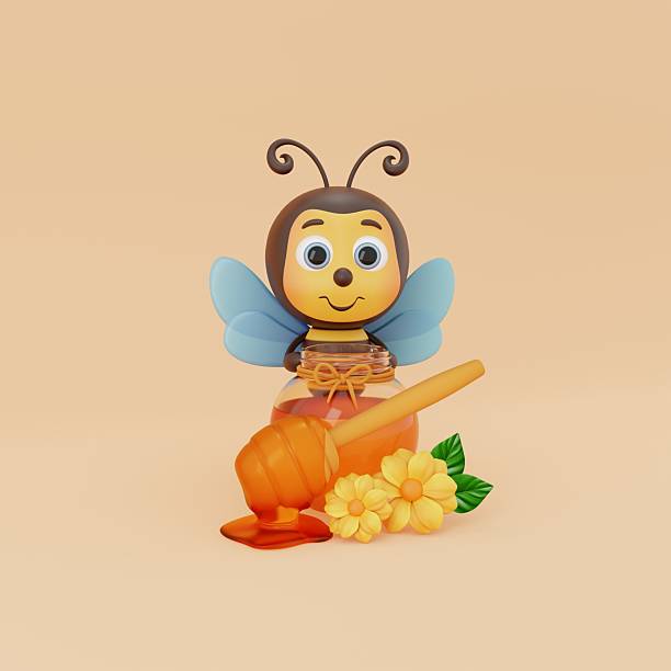Honey product with wooden spoon and wild flowers. Harvesting. 3D rendering.