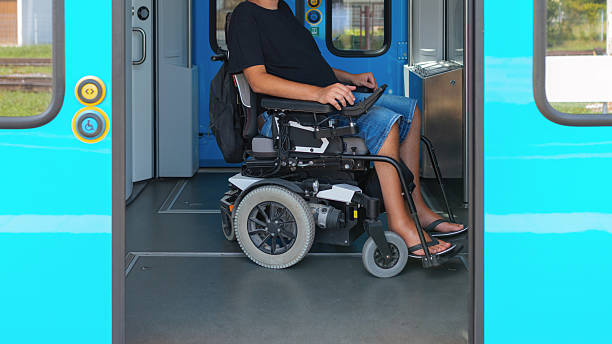 istock Wheelchair user using accessible train travel door 2218100874