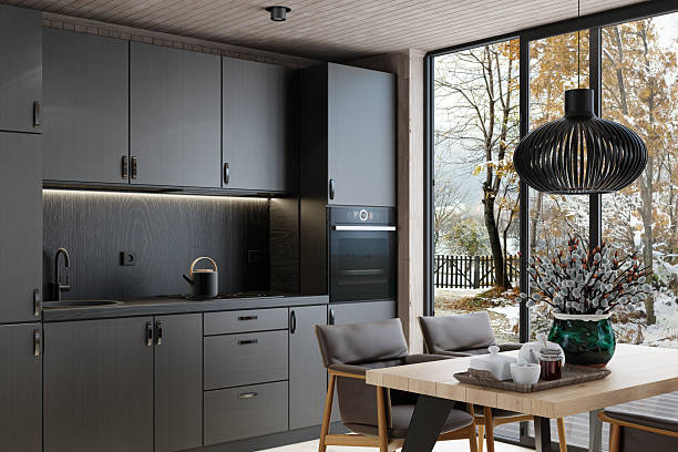 istock Modern Small Scandinavian Kitchen with All-Black Matte Finish in Log Cabin 2218103933