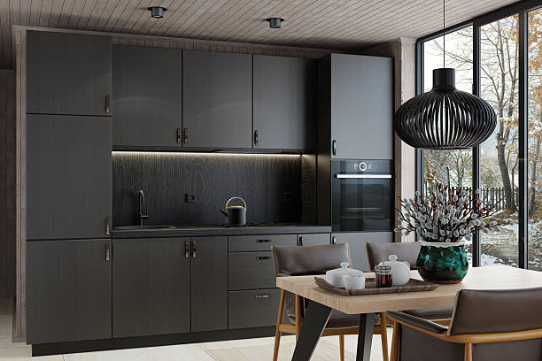 istock Modern Small Scandinavian Kitchen with All-Black Matte Finish in Log Cabin 2218104445