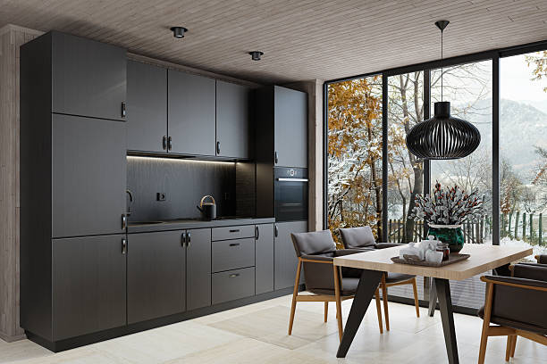 istock Modern Small Scandinavian Kitchen with All-Black Matte Finish in Log Cabin 2218104449