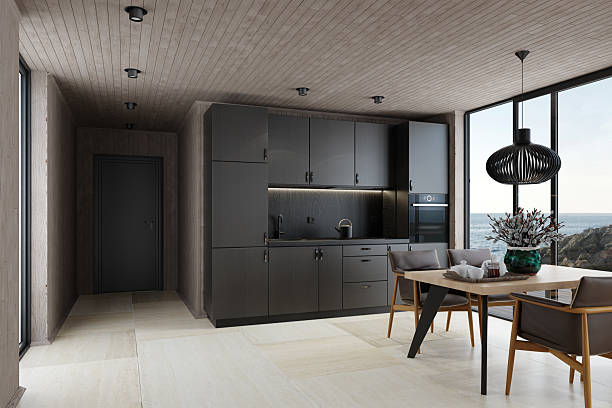 istock Modern Small Scandinavian Kitchen with All-Black Matte Finish in Log Cabin 2218104489