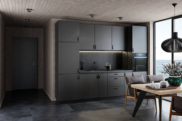 istock Modern Small Scandinavian Kitchen with All-Black Matte Finish in Log Cabin 2218104506