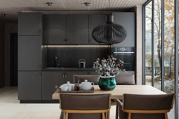 istock Modern Small Scandinavian Kitchen with All-Black Matte Finish in Log Cabin 2218104538