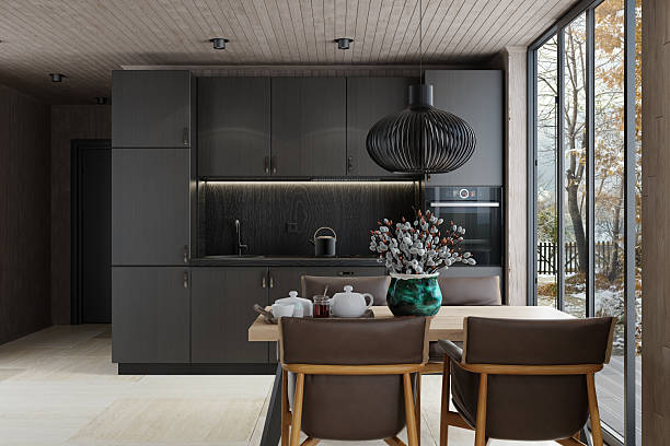 istock Modern Small Scandinavian Kitchen with All-Black Matte Finish in Log Cabin 2218104559