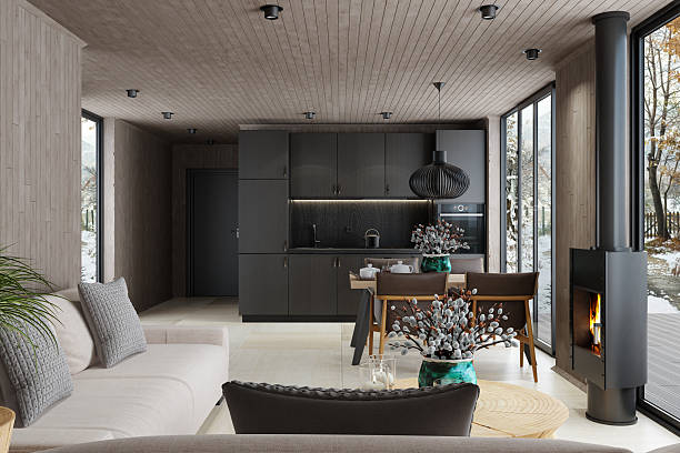 istock Modern Small Scandinavian Kitchen with All-Black Matte Finish in Log Cabin 2218104575