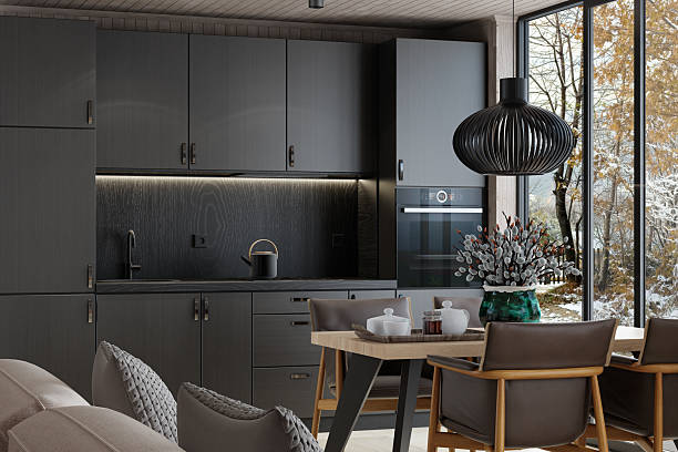 istock Modern Small Scandinavian Kitchen with All-Black Matte Finish in Log Cabin 2218105030