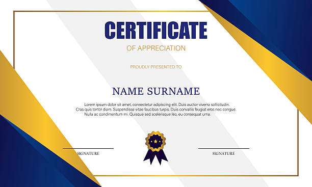 Certificate template design, modern abstract design in blue and gold on white background.