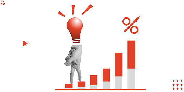istock Creativity, Symbol of creative progress. Red light bulb above fingers stepping on ascending schedule. Minimalist art collage 2218108626