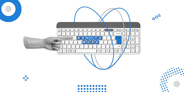 istock Remote Work, virtual jobs and distributed teams. Hand pointing to Remote work sign on keyboard. Minimalist art collage 2218108633