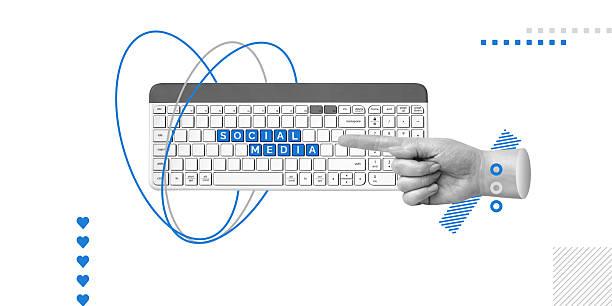 istock Social media, interaction and communication on social platforms, remote work concept. Hand points to Social Media label on keyboard. Minimalist art collage 2218108635