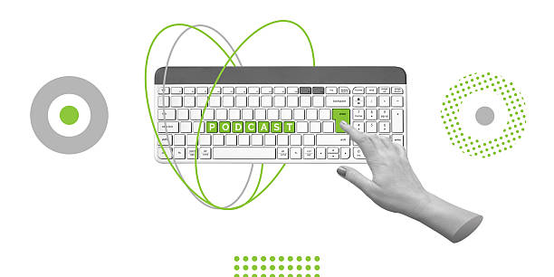 istock Podcasts, creating or consuming content. Hand presses Enter button on t keyboard with green Podcast label. Minimalist art collage 2218108637