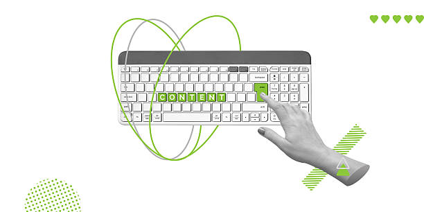 Blogging, content publishing, writing and creating visual stories on Internet. Hand presses green Enter key next to word Content on white keyboard. Minimalist art collage