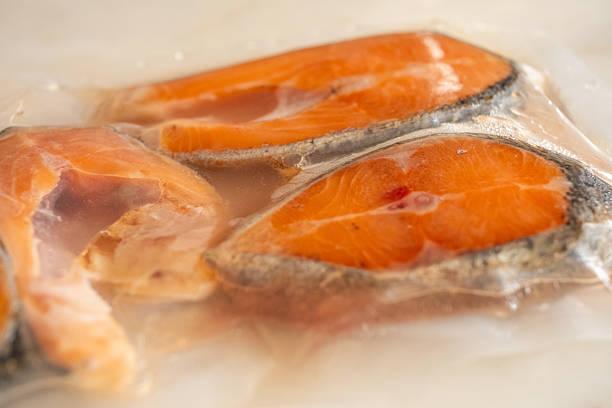frozen norwegian salmon slices close-up