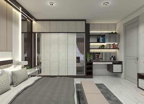 istock 3D design for a bedroom wardrobe and desk. 2218111271