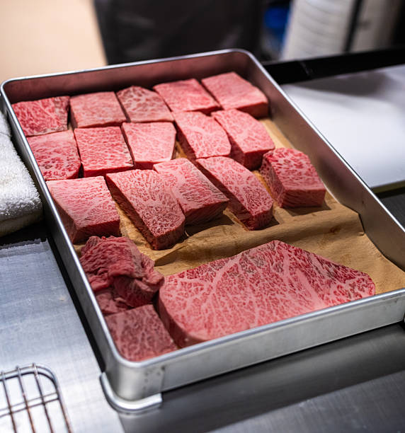 Raw Kobe Beef steaks Cubes in Stainless Tray