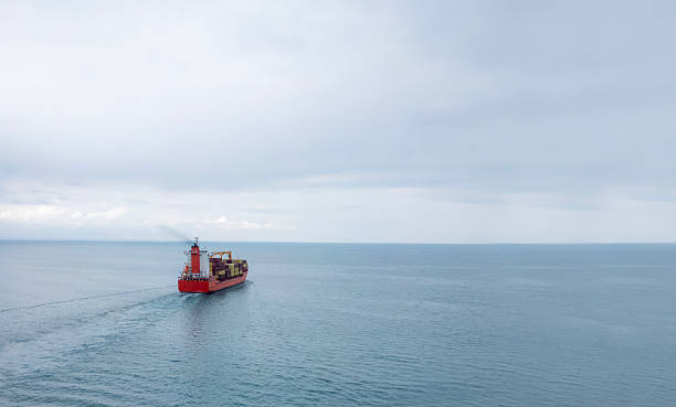 istock Aerial view of single cargo ship on ocean over. Copy space 2218116328