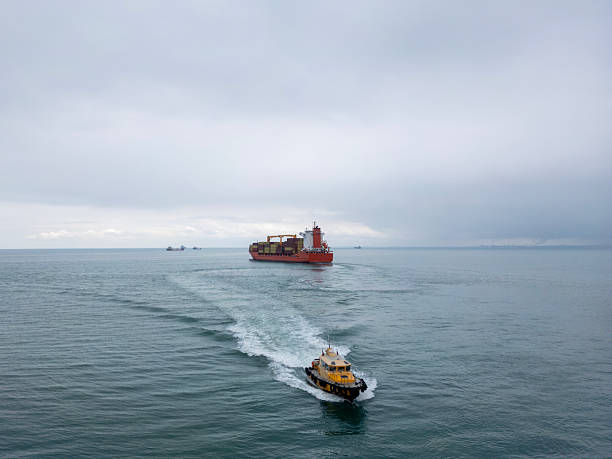 The tug accompanies the ship when entering the cargo port. Aerial drone view above sea port. Cargo vessel is loading containers and bulk. Professional business logistics and transportation of cargo ship.