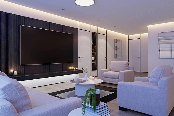 istock Modern Cozy Living Room with Twilight blue light and LED Lighting 2218119753