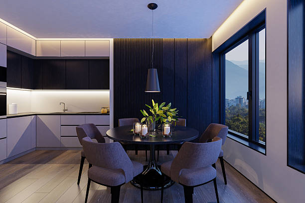 istock Modern L-Shaped Kitchen and Dining Area with Warm Wood Accents 2218119770