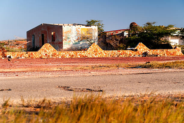 Desert landscape with ruined buildings, exotic Coche Island, Caribbean. Buildings in Venzuela. Abandoned building in the desert.