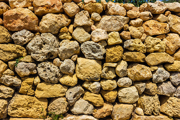 View of a rustic stone wall composed of uneven rocks in various brown tones, displaying a natural and textured appearance, ideal for concepts of construction, simplicity, and traditional craftsmanship.