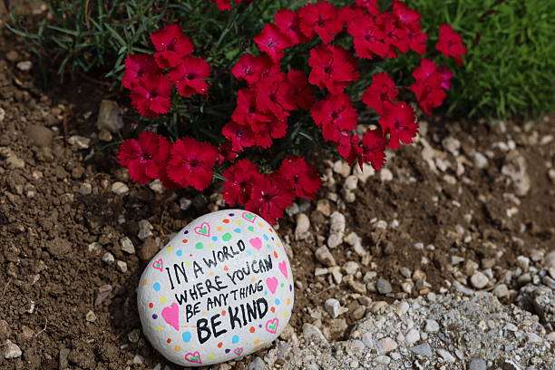 istock Be kind kindness rock on soil with beautiful red flowers 2218127097