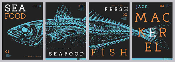 istock Set of modern magazine covers or posters with jack mackerel fish. Restaurant seafood menu design. Vector illustration 2218128343