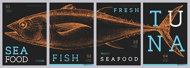 istock Set of modern magazine covers or posters with tuna fish. Restaurant seafood menu design. Vector illustration 2218128358