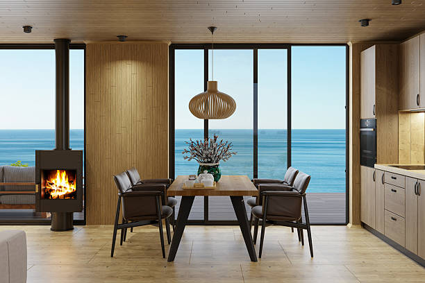 istock Scandinavian Log Cabin Kitchen with Oak Interior and Ocean View 2218128981