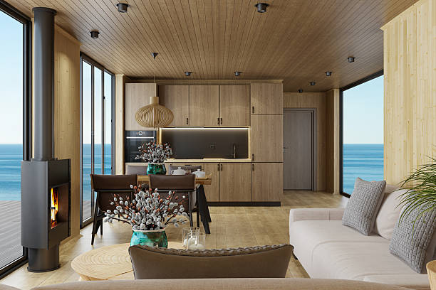 istock Scandinavian Log Cabin Kitchen with Oak Interior and Ocean View 2218129101