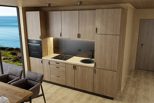 istock Scandinavian Log Cabin Kitchen with Oak Interior and Ocean View 2218129115