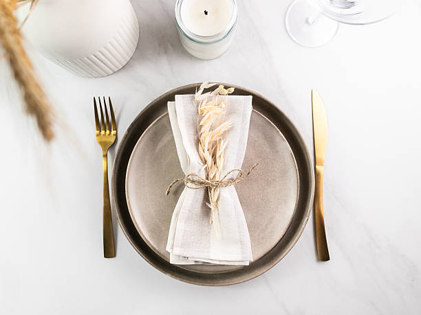 istock Elegant minimal table setting with wheat decoration in neutral tones 2218132811