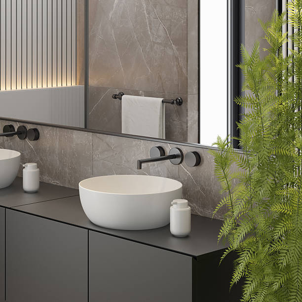 istock Modern Double Sink Bathroom Close-Up with Stone and Black Accents 2218134865
