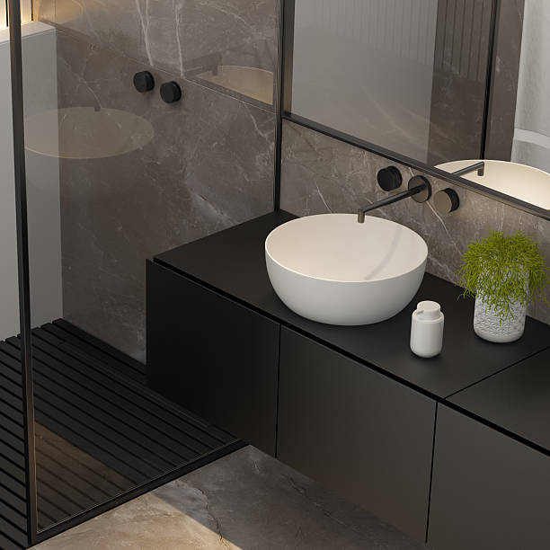 istock Modern Double Sink Bathroom Close-Up with Stone and Black Accents 2218134933