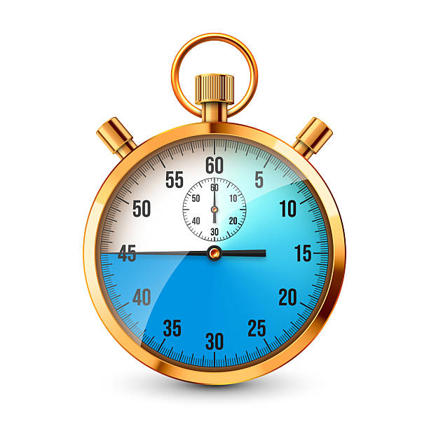 istock Realistic classic stopwatch. Shiny golden metal chronometer, time counter with dial. Blue countdown timer showing minutes and seconds. Time measurement for sport, start, finish. Vector illustration 2218135045