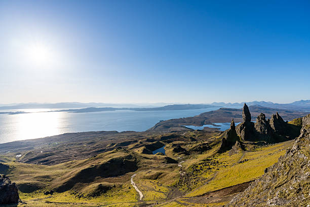 The Old Man of Storr on the Isle of Skye, Scotland, during a sunrise with a rare clear sky in springtime.