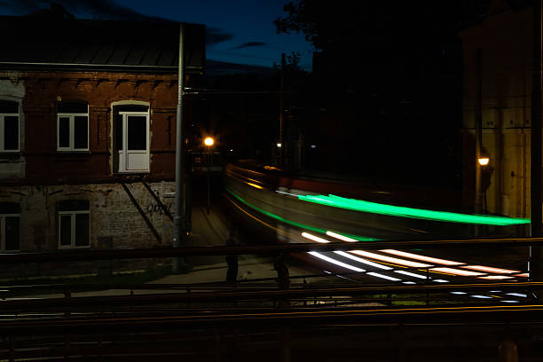 istock Night motorway transport light lines in city. Light traces Long time exposure dynamic photography. Blurred illuminated transport motion. 2218141229