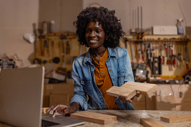 istock Joyful interaction with wood pieces and laptop 2218145120