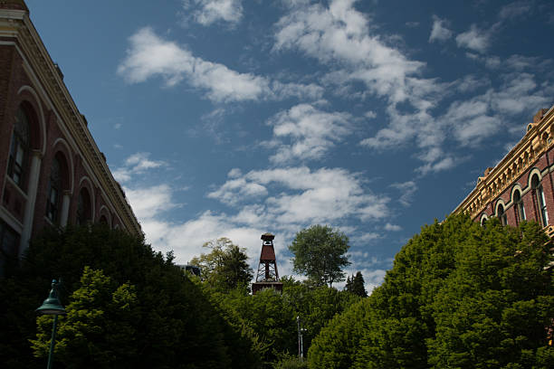 istock Looking at old Fire Bell Tower on a hill between Victorina buildings 2218149032
