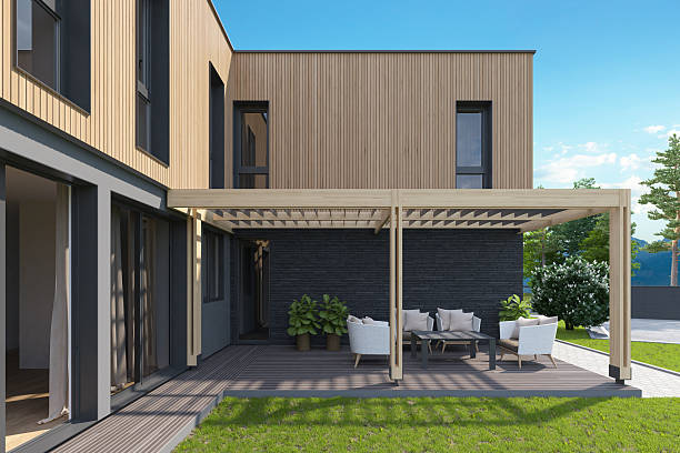 istock Modern L-Shape Scandinavian House with Inner Courtyard and Wooden Pergola 2218151185