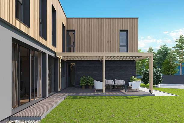 istock Modern L-Shape Scandinavian House with Inner Courtyard and Wooden Pergola 2218151206